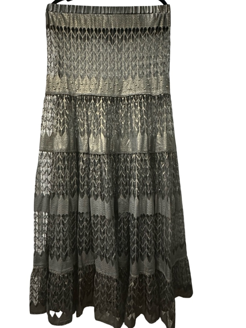 Designer Queen & Pawn Metallic Olive black Lace Tiered Maxi dress cover up S
